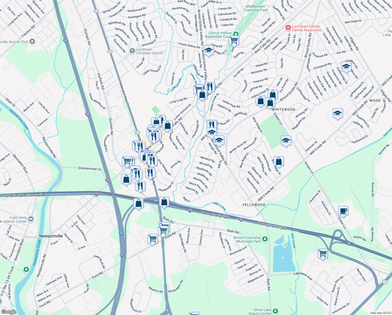 map of restaurants, bars, coffee shops, grocery stores, and more near 55 Mintleaf Road in Levittown