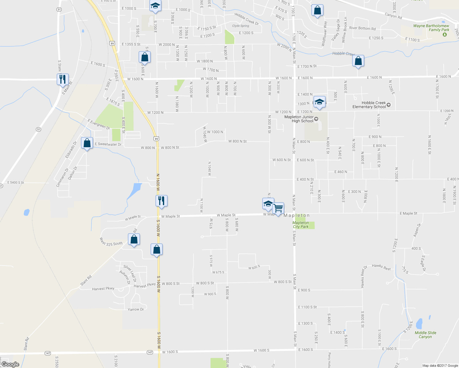 map of restaurants, bars, coffee shops, grocery stores, and more near 782 West Maple Street in Mapleton