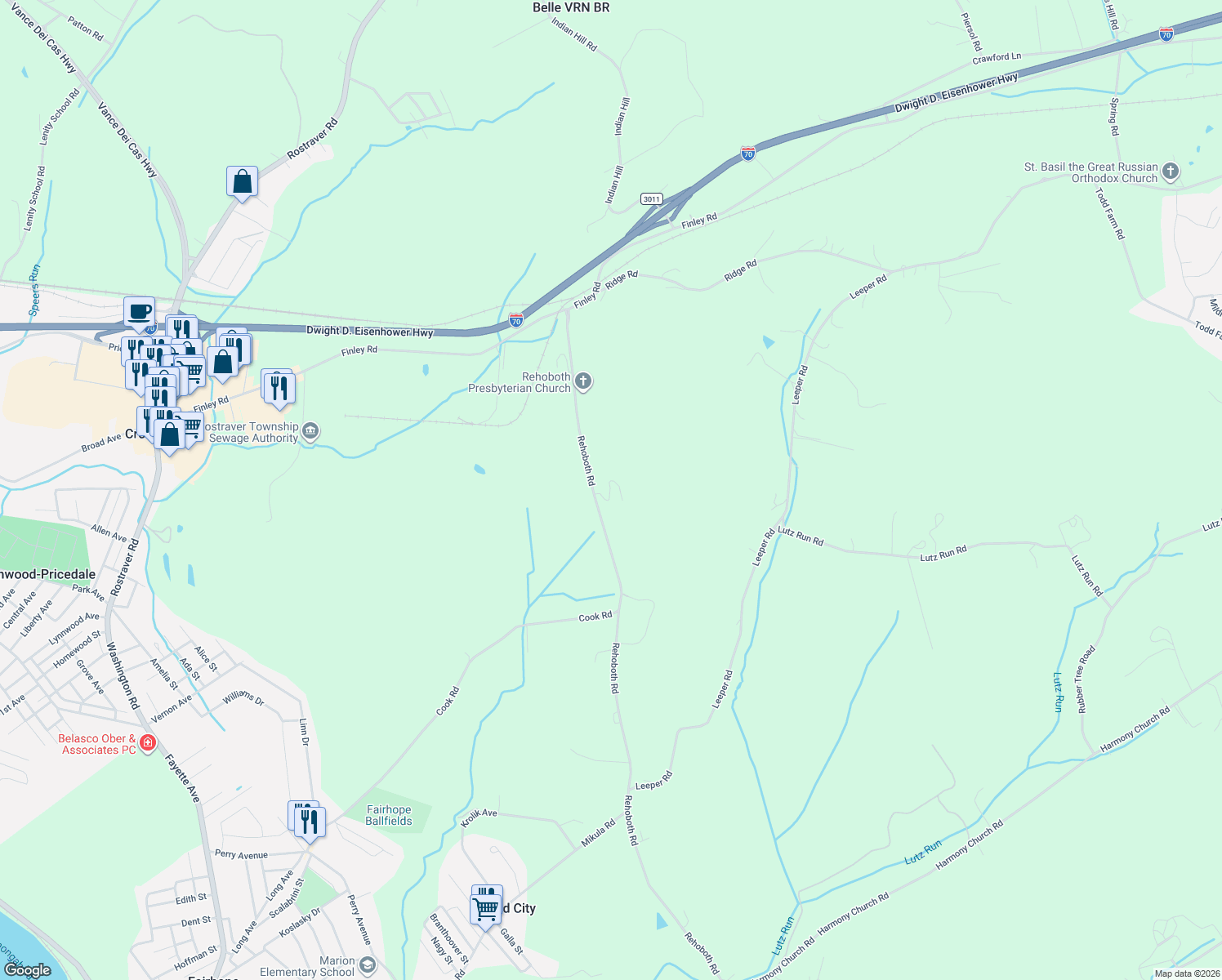 map of restaurants, bars, coffee shops, grocery stores, and more near 400 Rehoboth Road in Belle Vernon