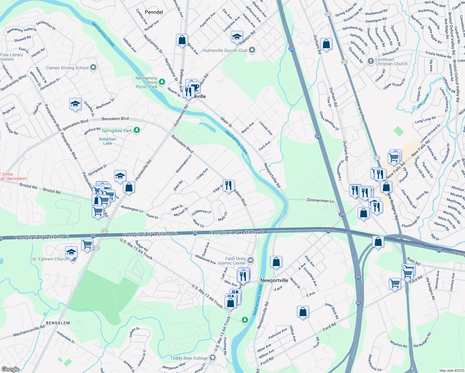 map of restaurants, bars, coffee shops, grocery stores, and more near 1419 Bensalem Boulevard in Bensalem