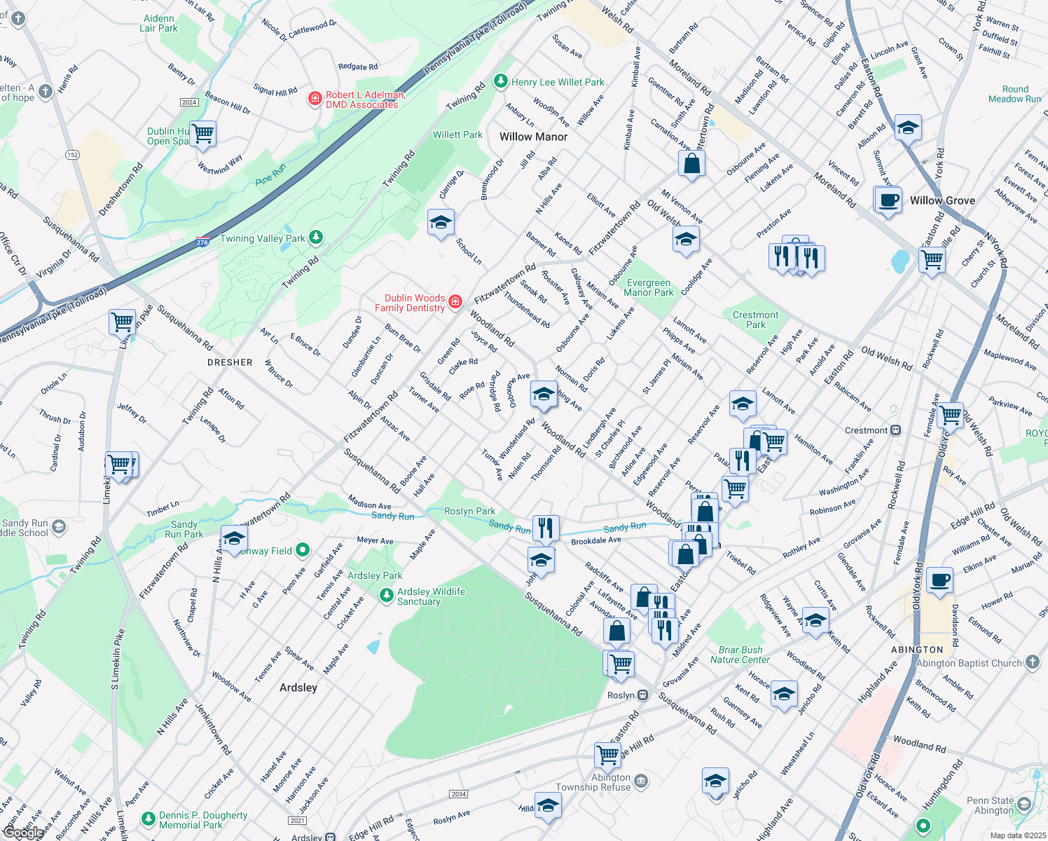 map of restaurants, bars, coffee shops, grocery stores, and more near 1310 Wunderland Road in Abington