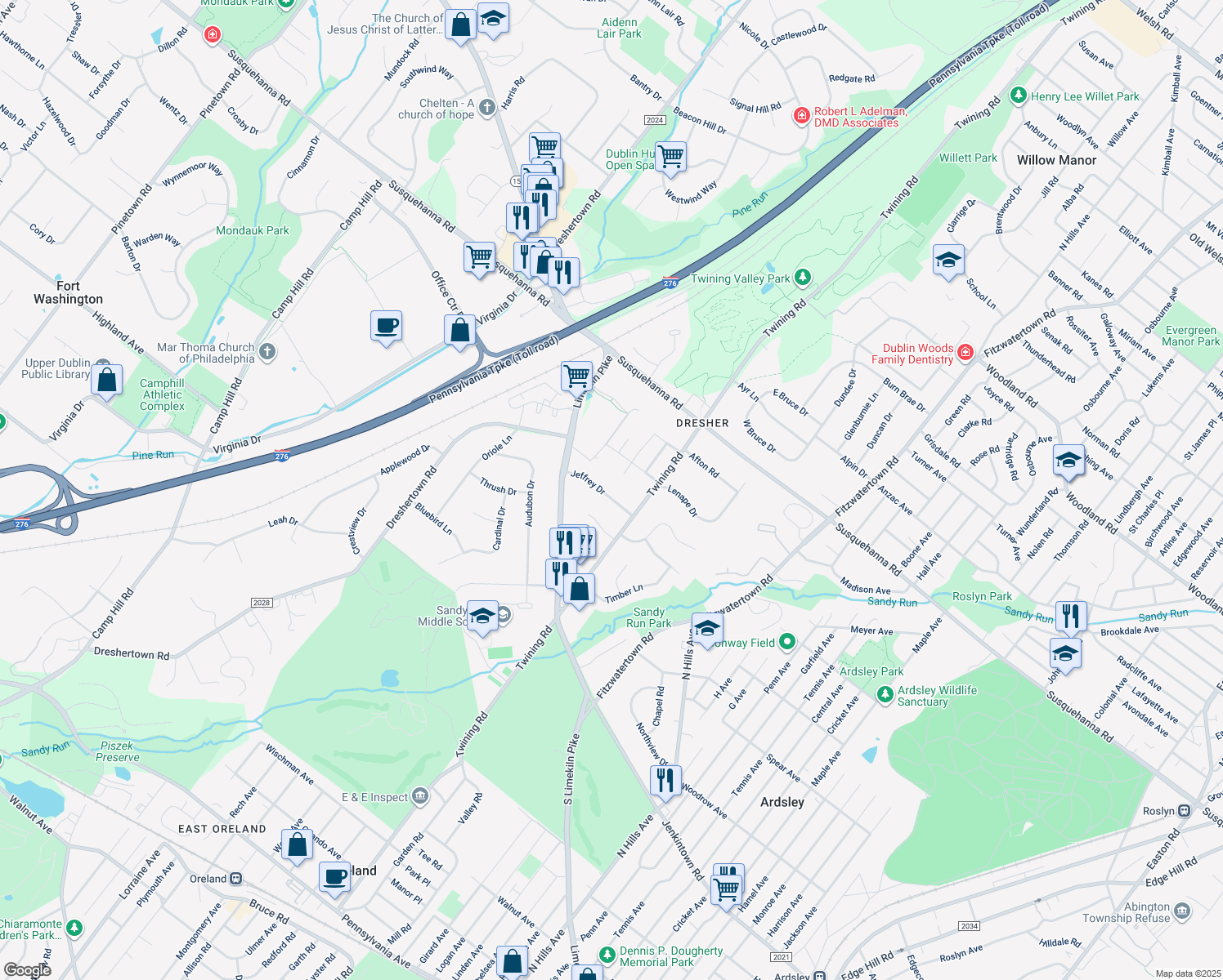 map of restaurants, bars, coffee shops, grocery stores, and more near 3317 Jeffrey Drive in Dresher
