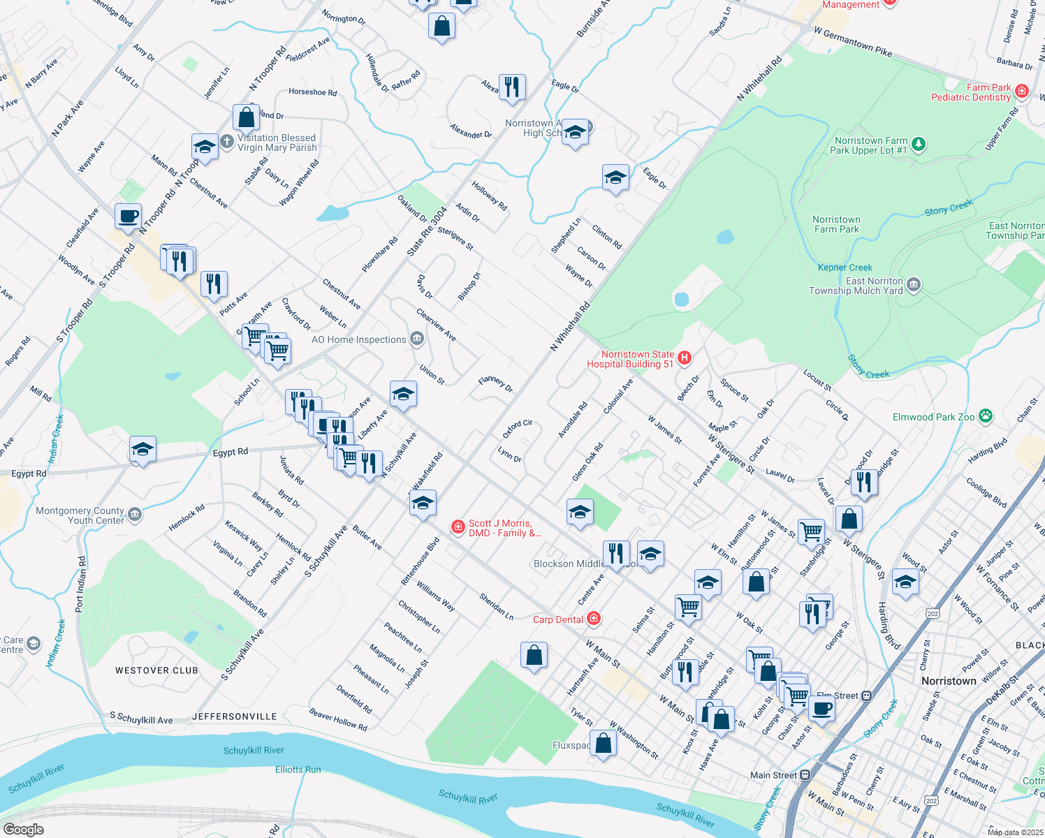 map of restaurants, bars, coffee shops, grocery stores, and more near 146 Oxford Cir in Eagleville