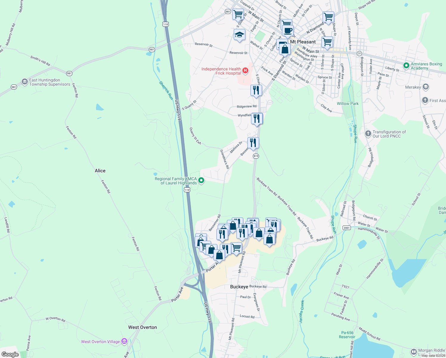 map of restaurants, bars, coffee shops, grocery stores, and more near 501 Bessemer Road in Mount Pleasant