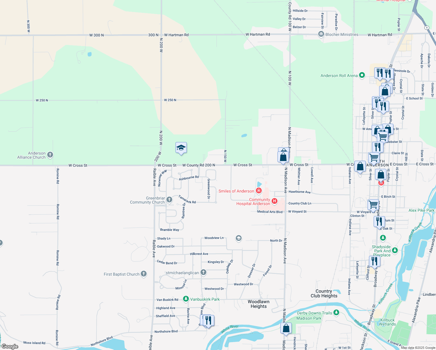 map of restaurants, bars, coffee shops, grocery stores, and more near 1914 East Balsam Court in Anderson