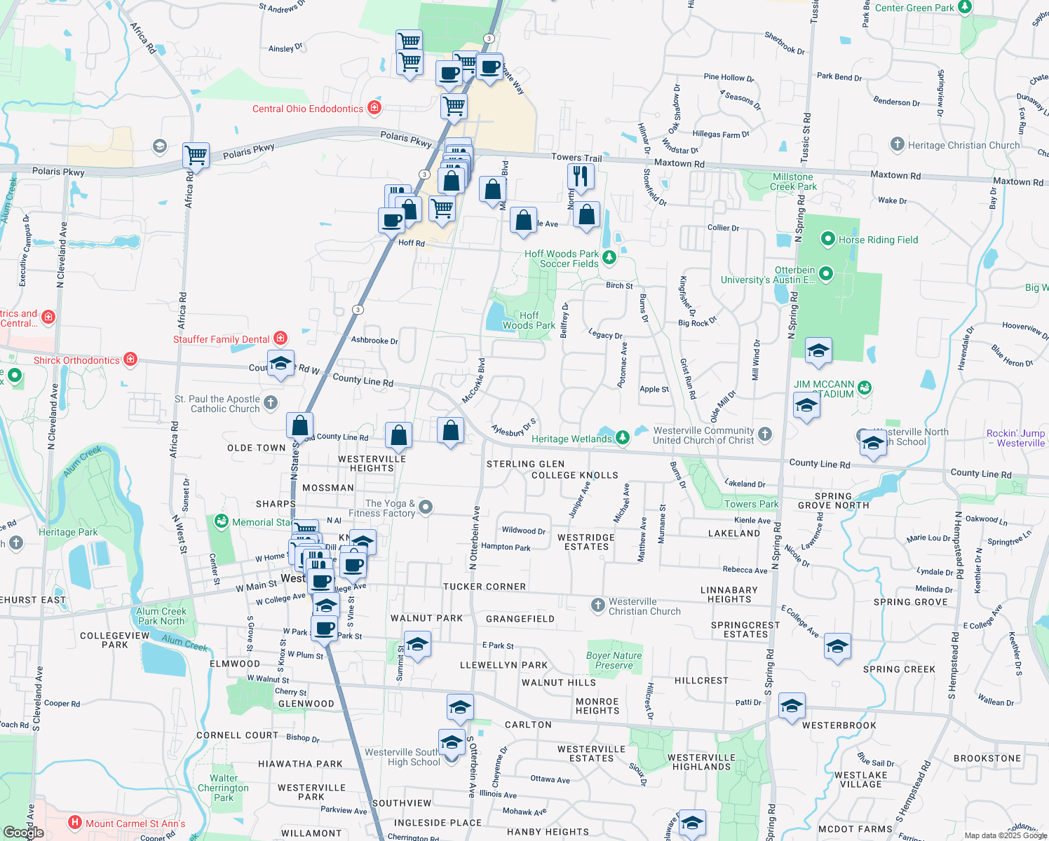 map of restaurants, bars, coffee shops, grocery stores, and more near 394 Aylesbury Dr S in Westerville