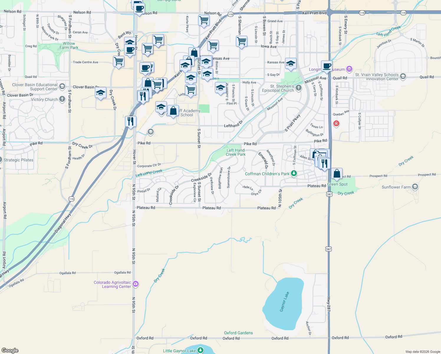 map of restaurants, bars, coffee shops, grocery stores, and more near 2120 Ridgeview Way in Longmont