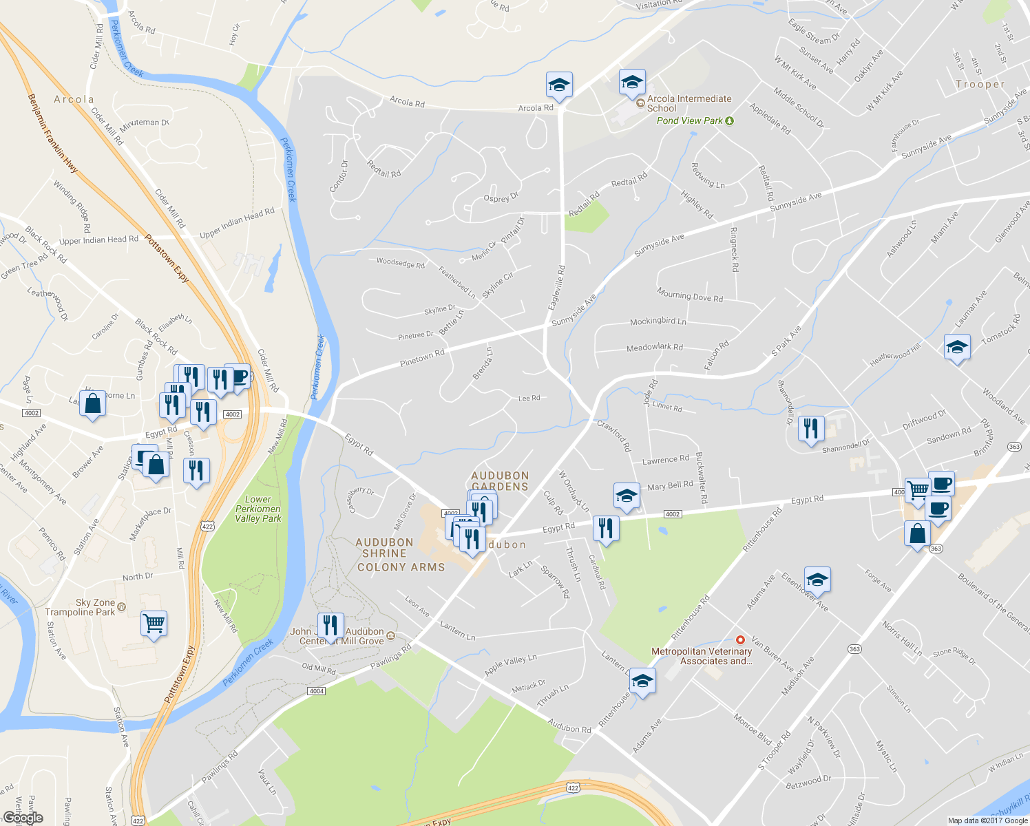 map of restaurants, bars, coffee shops, grocery stores, and more near 1004 Shearwater Drive in Eagleville