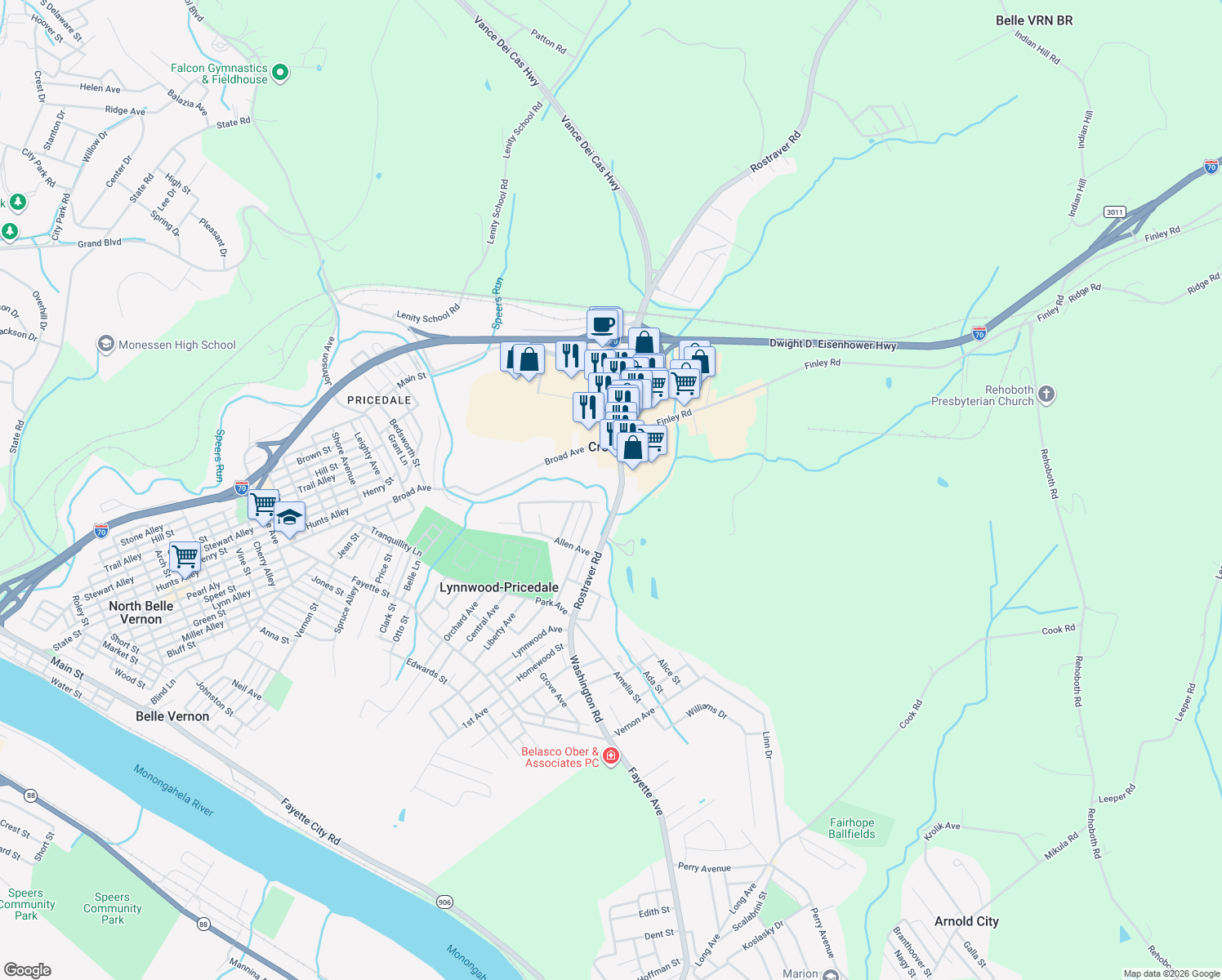 map of restaurants, bars, coffee shops, grocery stores, and more near 631 Rostraver Road in Belle Vernon