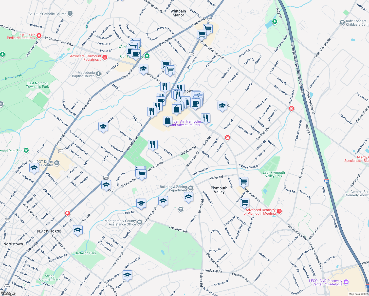 map of restaurants, bars, coffee shops, grocery stores, and more near 2402 Vincent Way in East Norriton