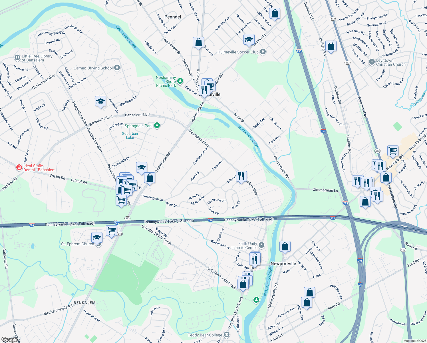 map of restaurants, bars, coffee shops, grocery stores, and more near 6183 Craig Avenue in Bensalem