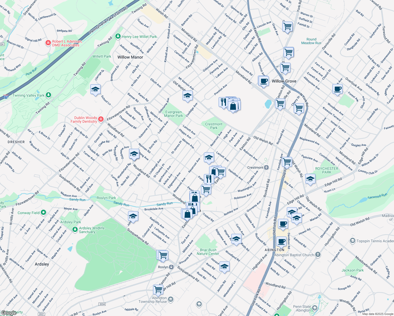 map of restaurants, bars, coffee shops, grocery stores, and more near 1548 Reservoir Avenue in Abington
