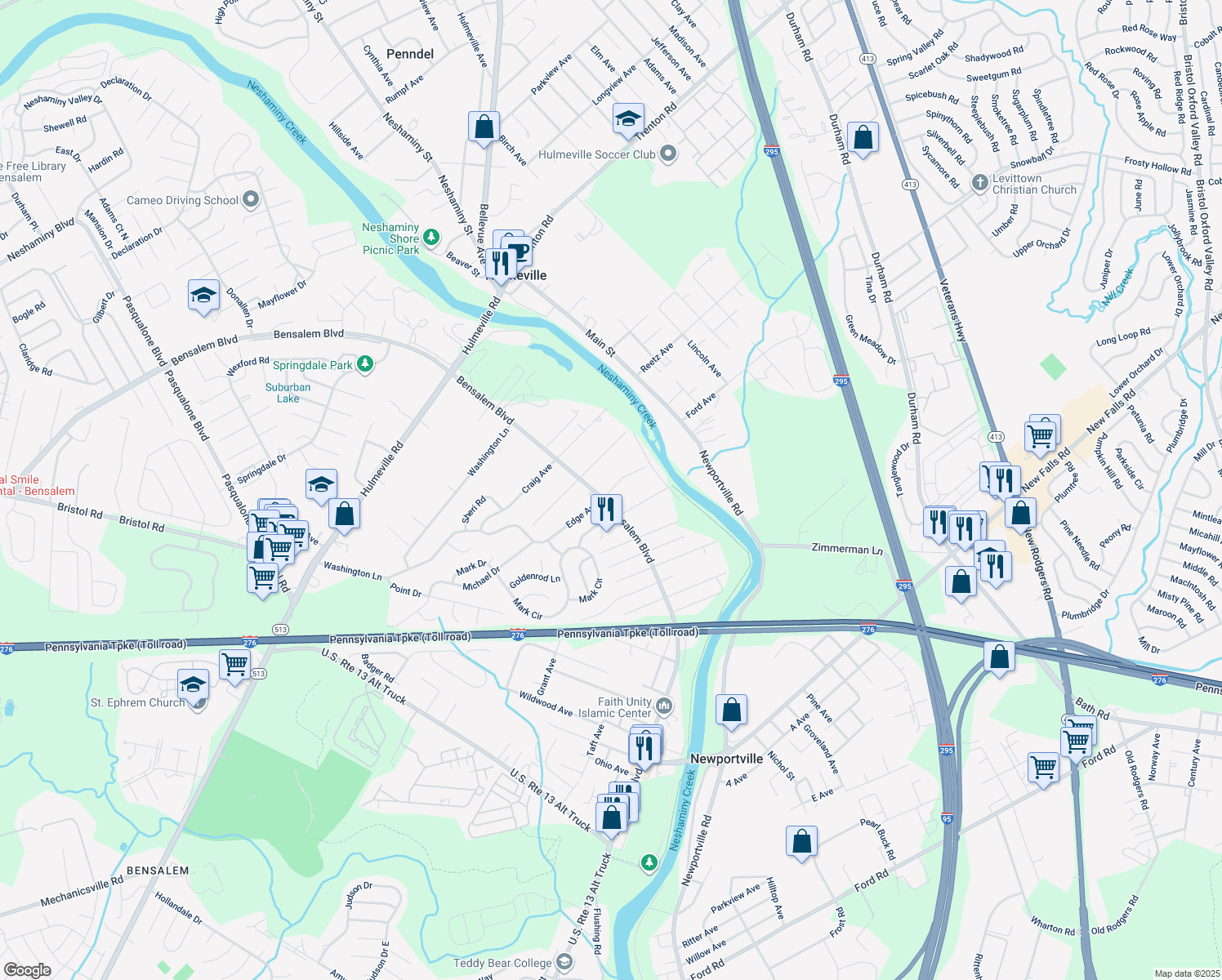 map of restaurants, bars, coffee shops, grocery stores, and more near 6353 Edge Avenue in Bensalem