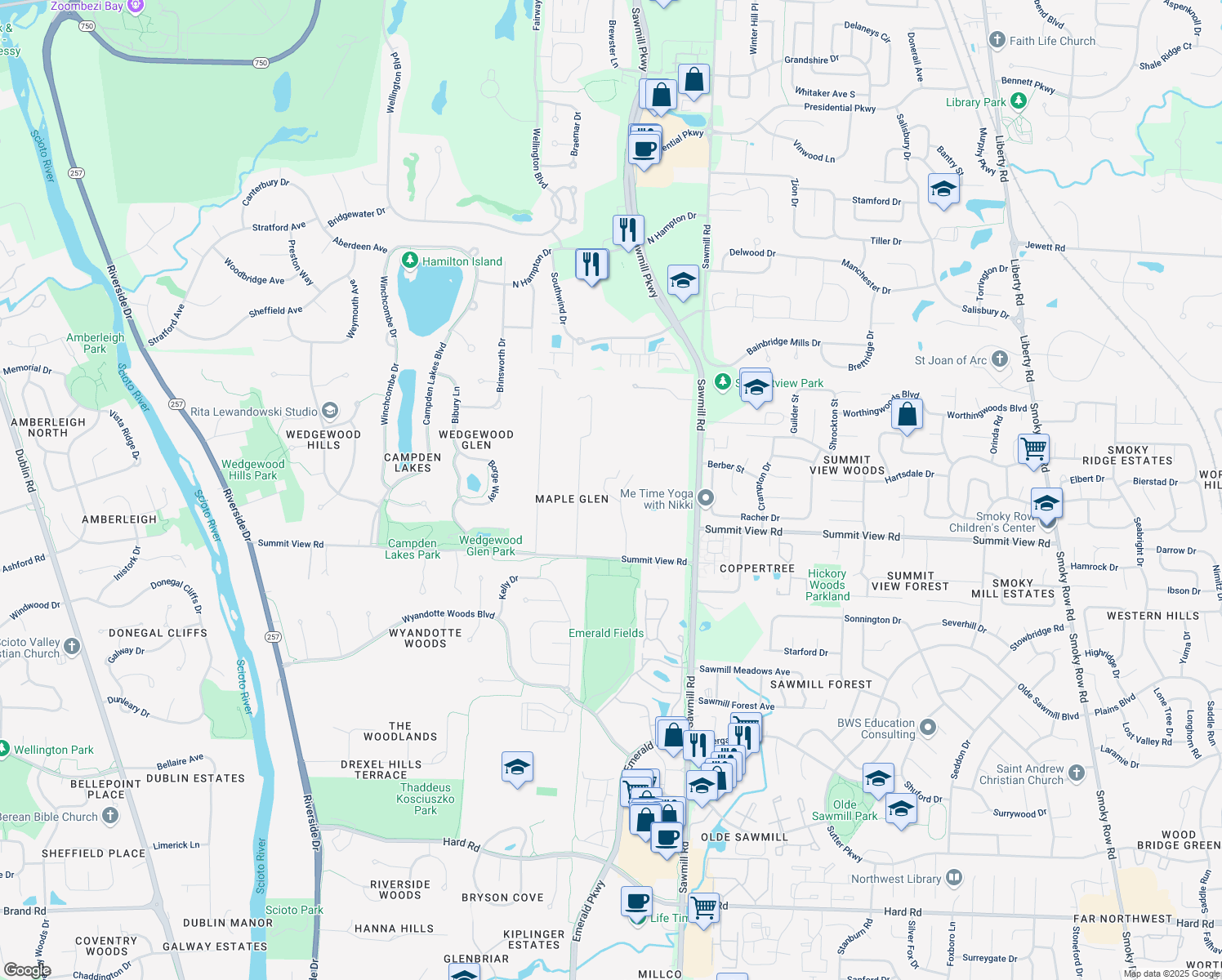 map of restaurants, bars, coffee shops, grocery stores, and more near 3948 Summitview Road in Dublin