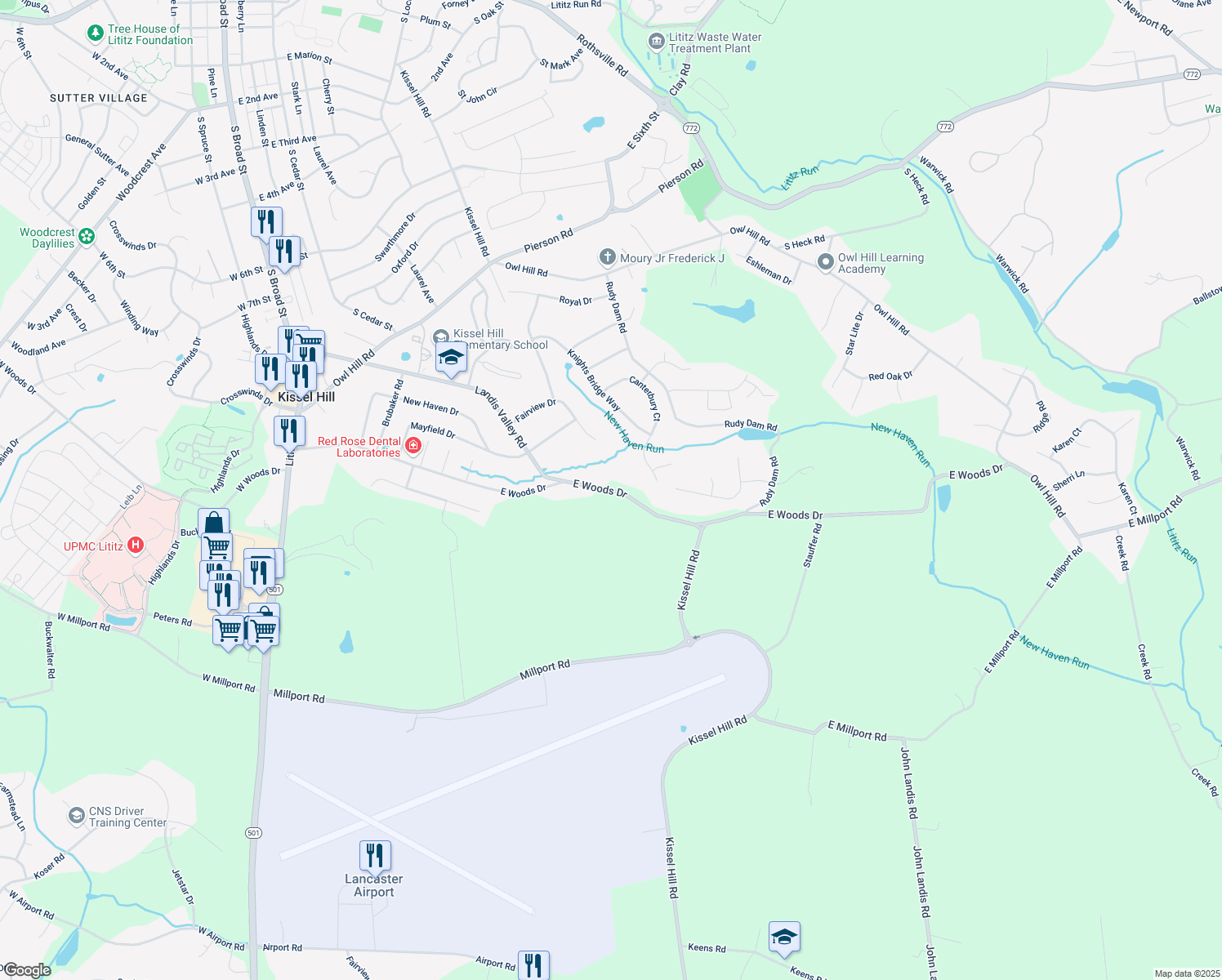 map of restaurants, bars, coffee shops, grocery stores, and more near 331 East Woods Drive in Lititz