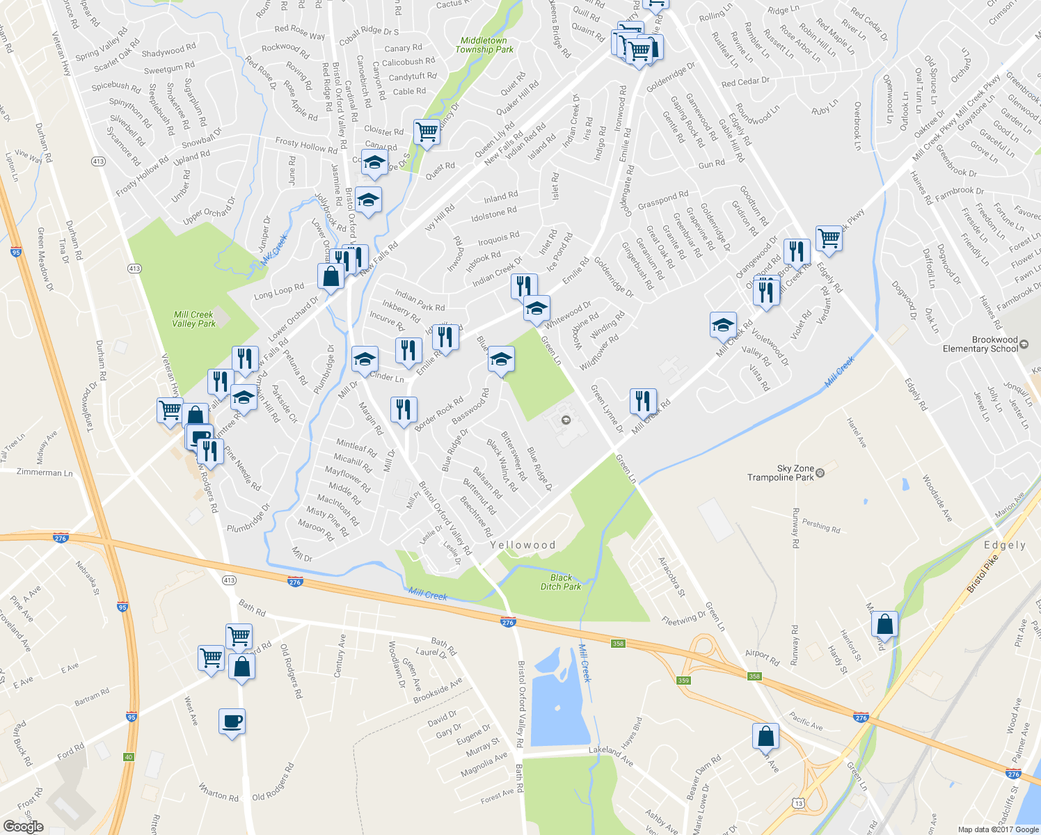 map of restaurants, bars, coffee shops, grocery stores, and more near 370 Blue Ridge Drive in Levittown