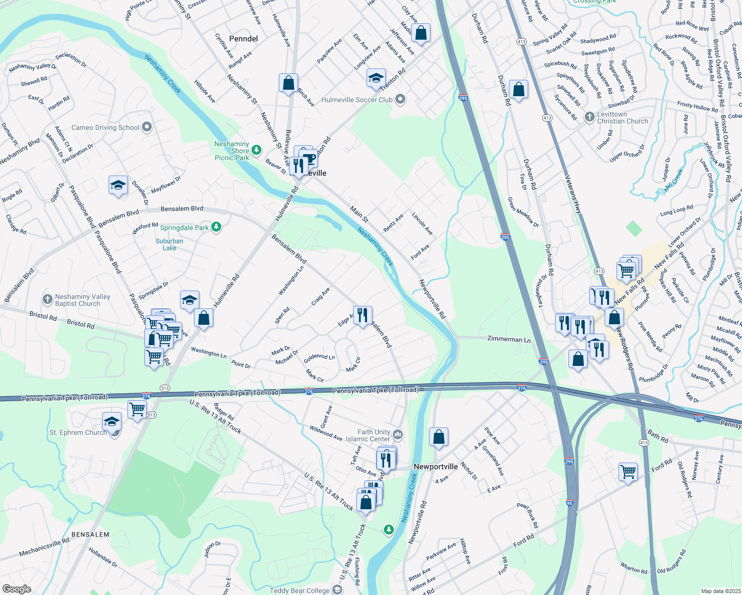 map of restaurants, bars, coffee shops, grocery stores, and more near 6411 Edge Avenue in Bensalem