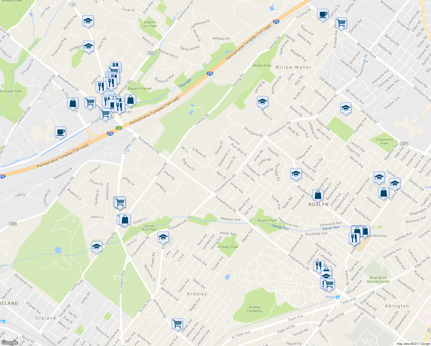 map of restaurants, bars, coffee shops, grocery stores, and more near 3126 Alpin Drive in Dresher