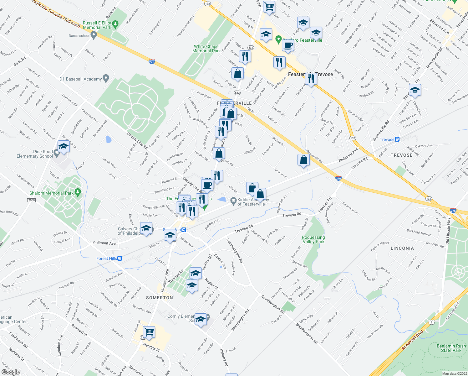 map of restaurants, bars, coffee shops, grocery stores, and more near 50 Lilly Drive in Feasterville-Trevose