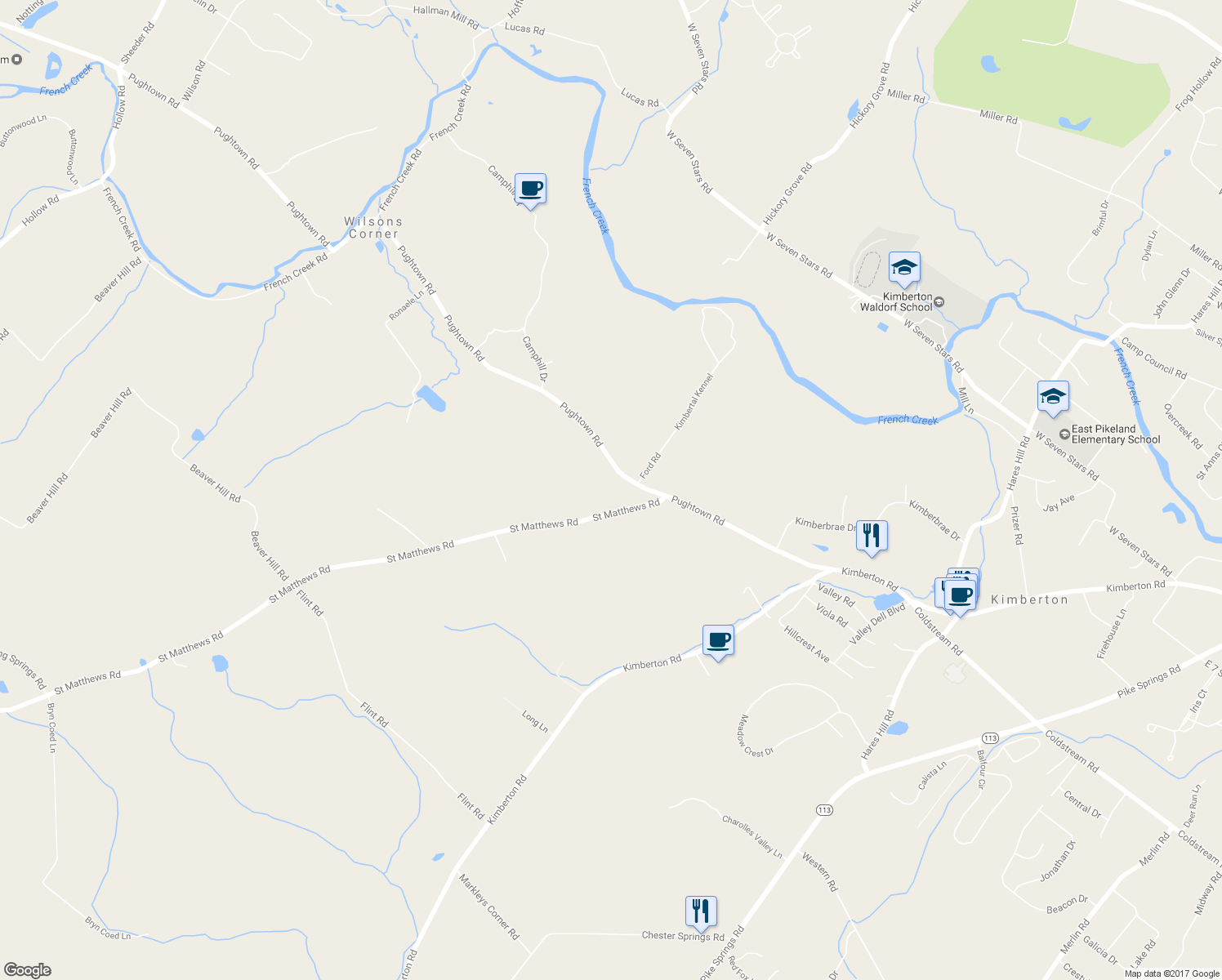 map of restaurants, bars, coffee shops, grocery stores, and more near 1534 Pughtown Road in Phoenixville
