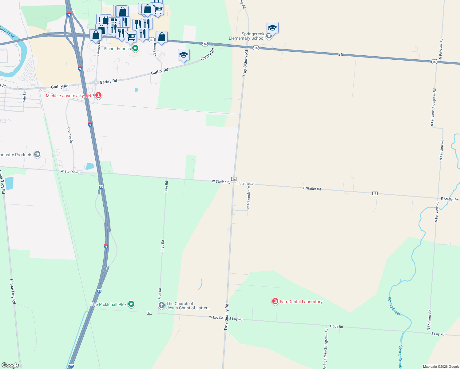 map of restaurants, bars, coffee shops, grocery stores, and more near 30 West Statler Road in Piqua