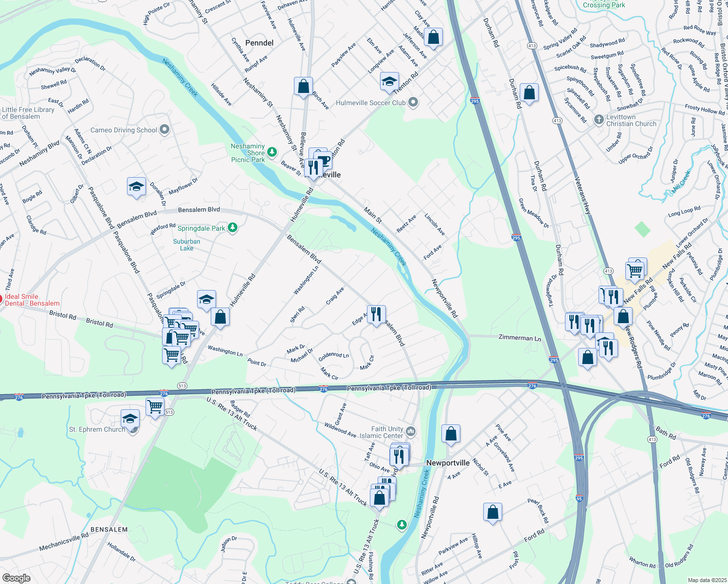 map of restaurants, bars, coffee shops, grocery stores, and more near 6327 Garrett Avenue in Bensalem