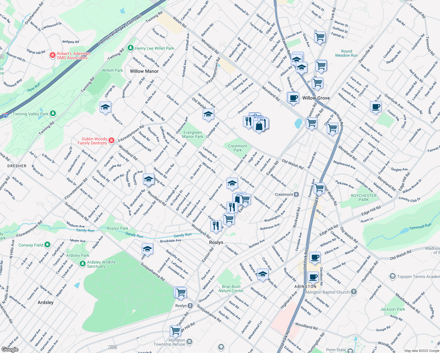 map of restaurants, bars, coffee shops, grocery stores, and more near 1565 Edgewood Avenue in Abington