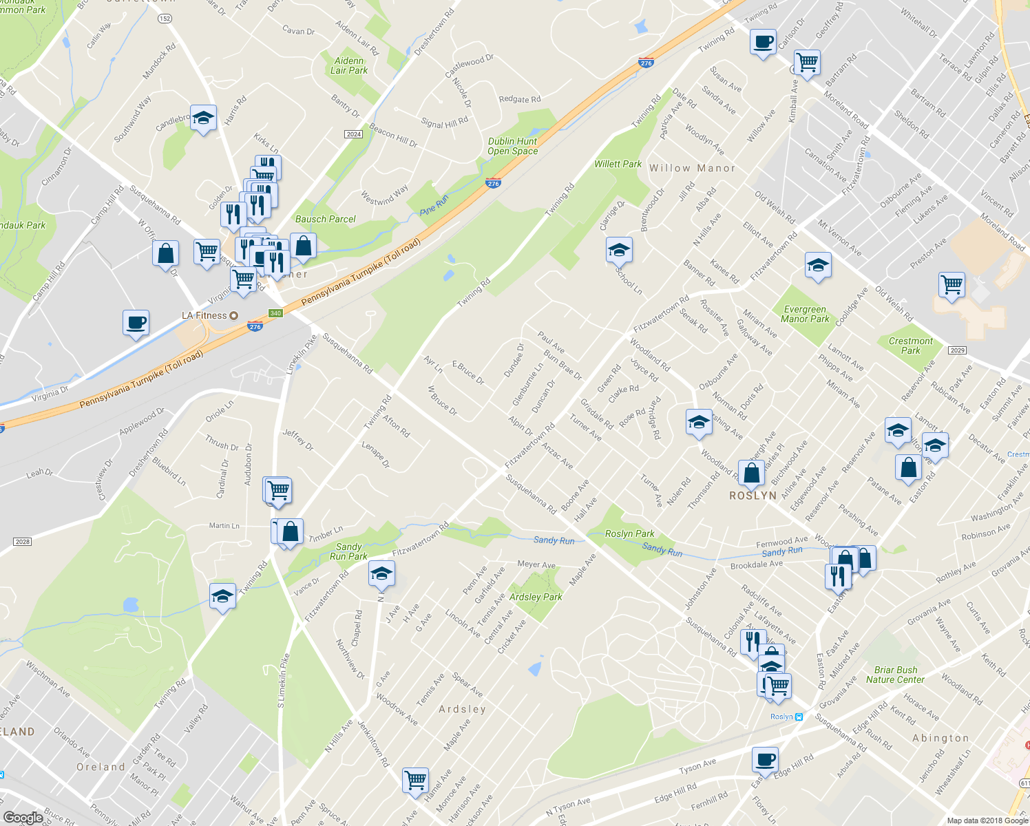 map of restaurants, bars, coffee shops, grocery stores, and more near 1203 Glenburnie Lane in Dresher