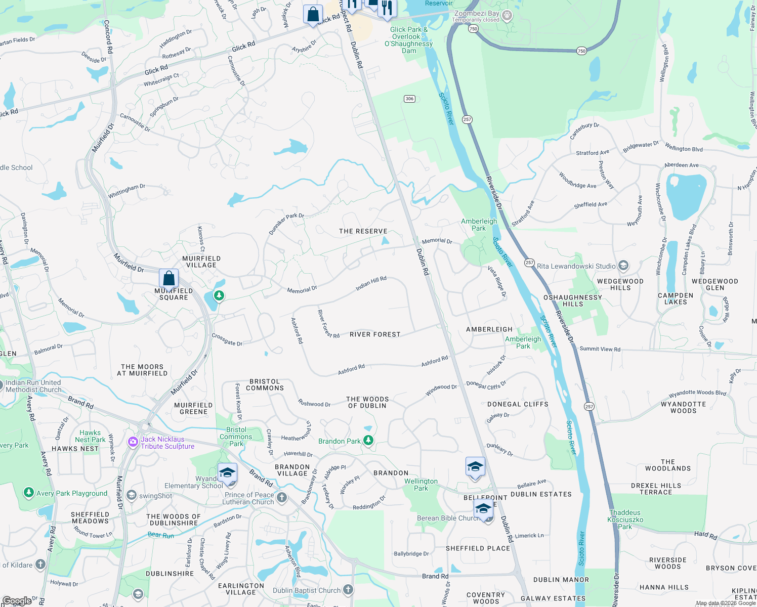 map of restaurants, bars, coffee shops, grocery stores, and more near 5330 Bennett Ct in Dublin