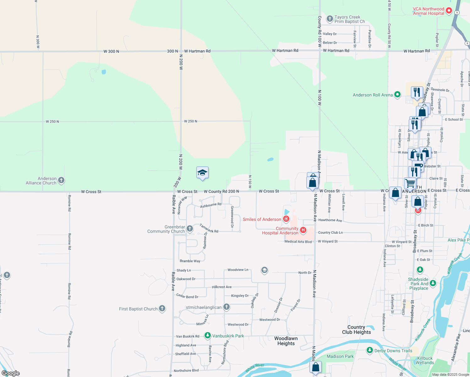 map of restaurants, bars, coffee shops, grocery stores, and more near 1836 West Cross Street in Anderson
