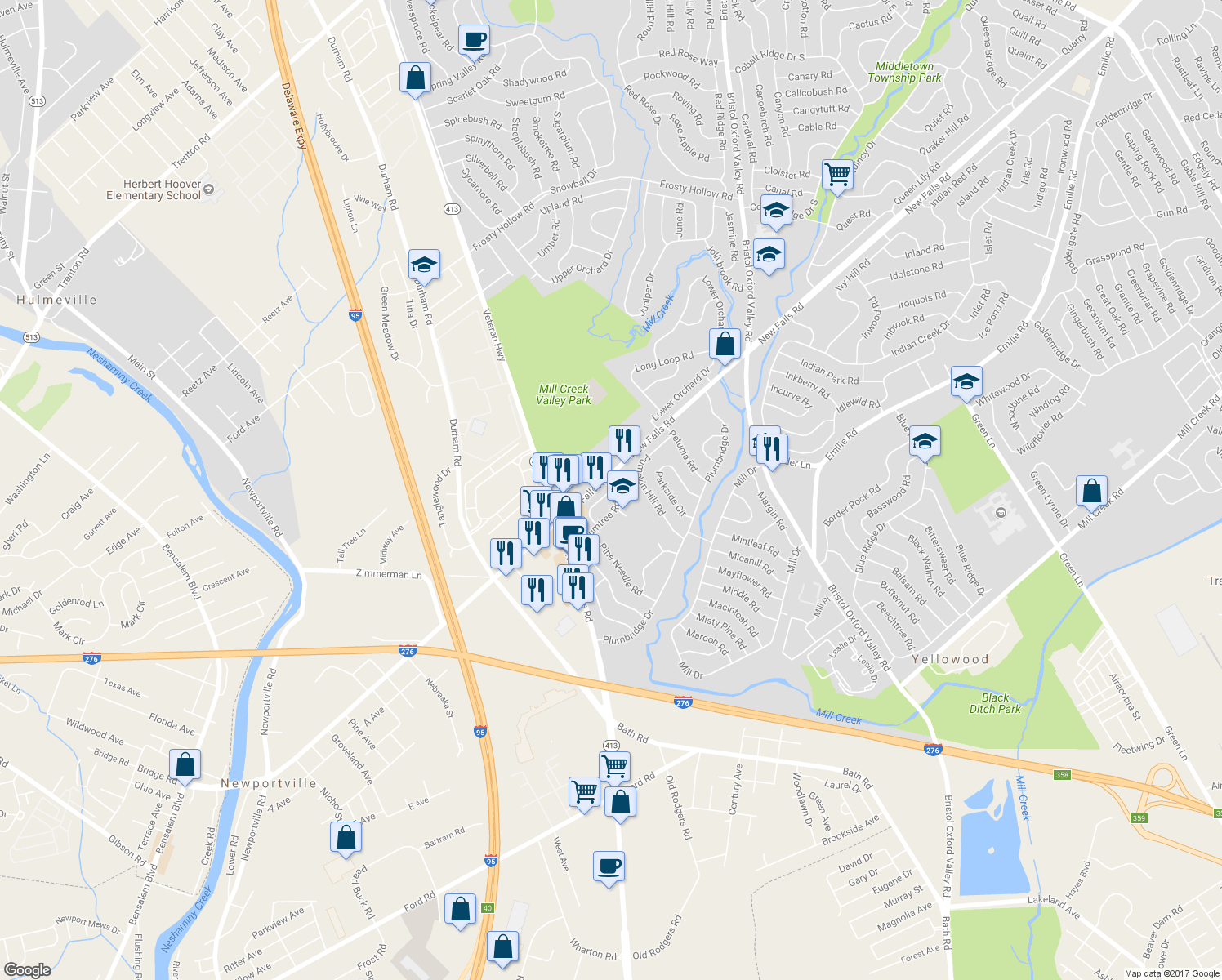 map of restaurants, bars, coffee shops, grocery stores, and more near 122 Plumtree Road in Levittown