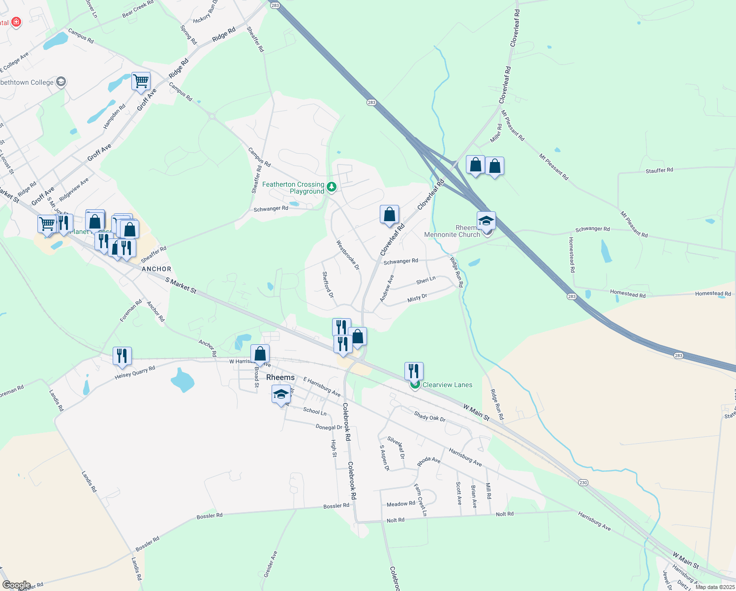map of restaurants, bars, coffee shops, grocery stores, and more near 502 Cloverleaf Rd in Elizabethtown