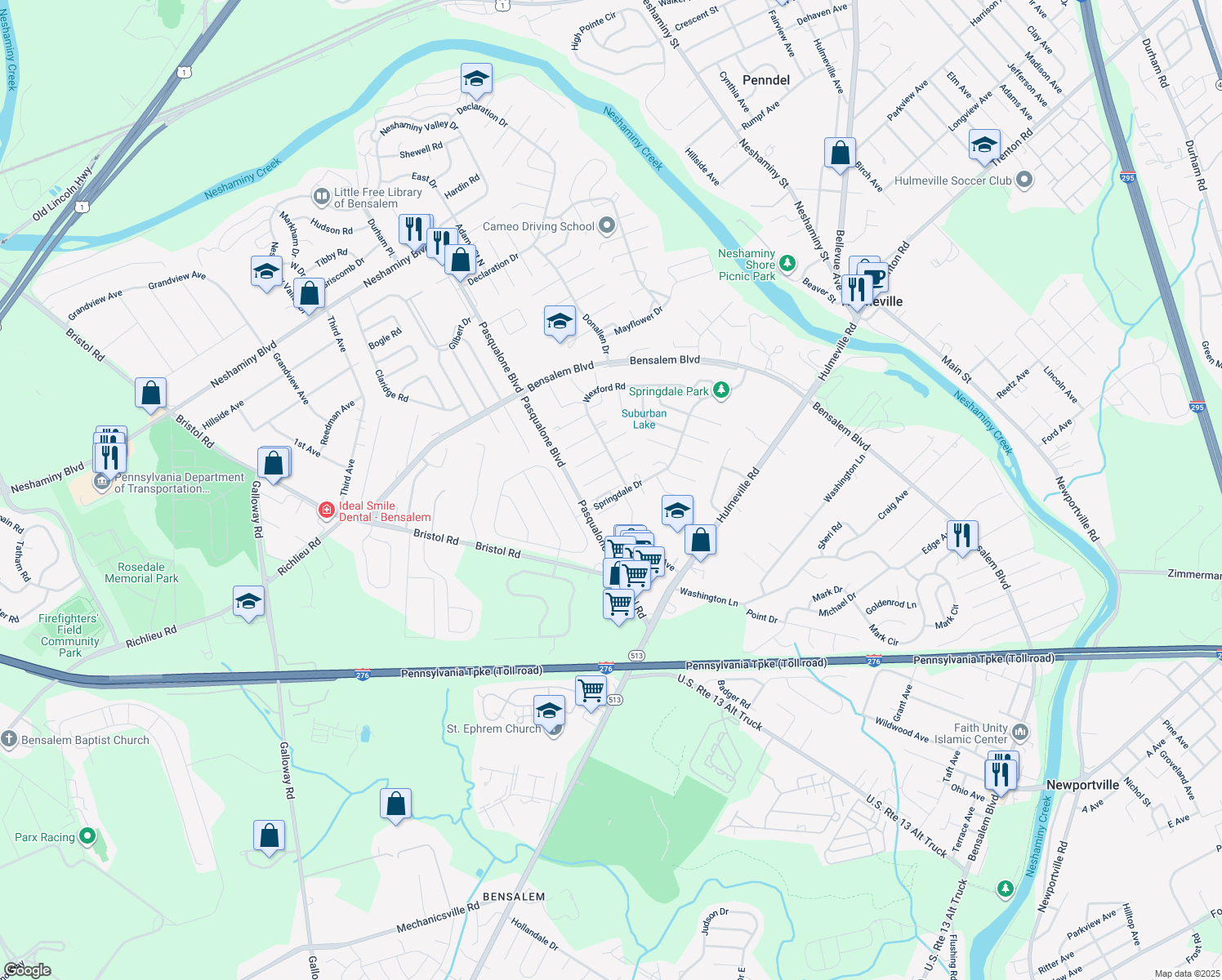 map of restaurants, bars, coffee shops, grocery stores, and more near 5736 Arcadia Court in Bensalem