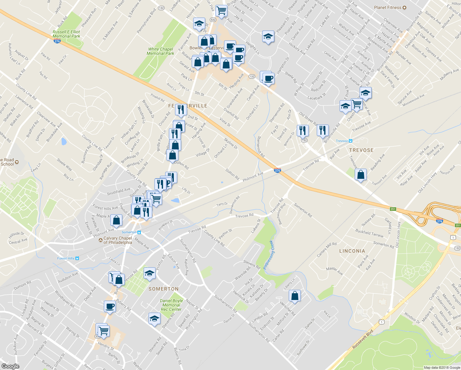 map of restaurants, bars, coffee shops, grocery stores, and more near 322 Philmont Avenue in Feasterville-Trevose