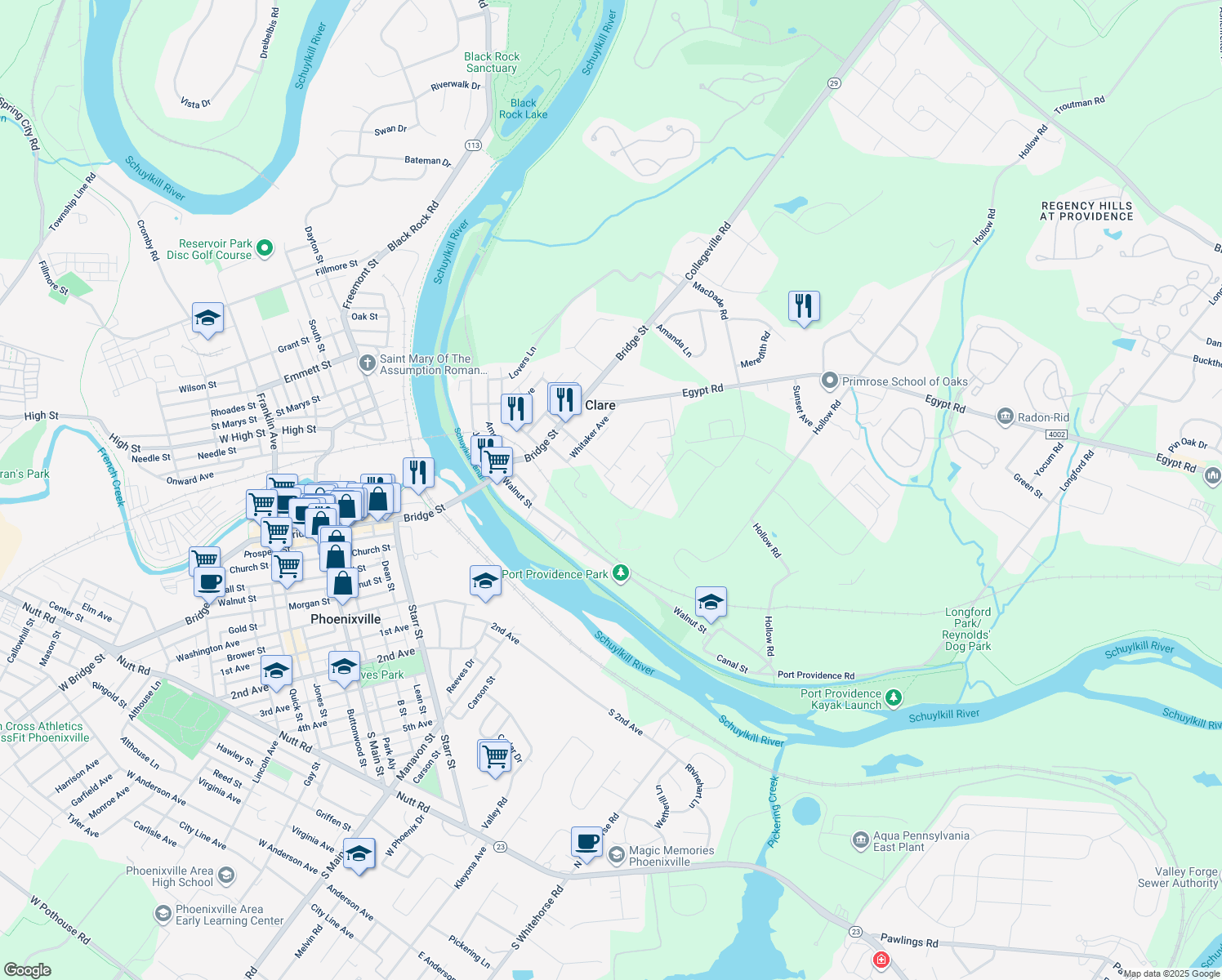 map of restaurants, bars, coffee shops, grocery stores, and more near 1501 Meadowview Lane in Mont Clare