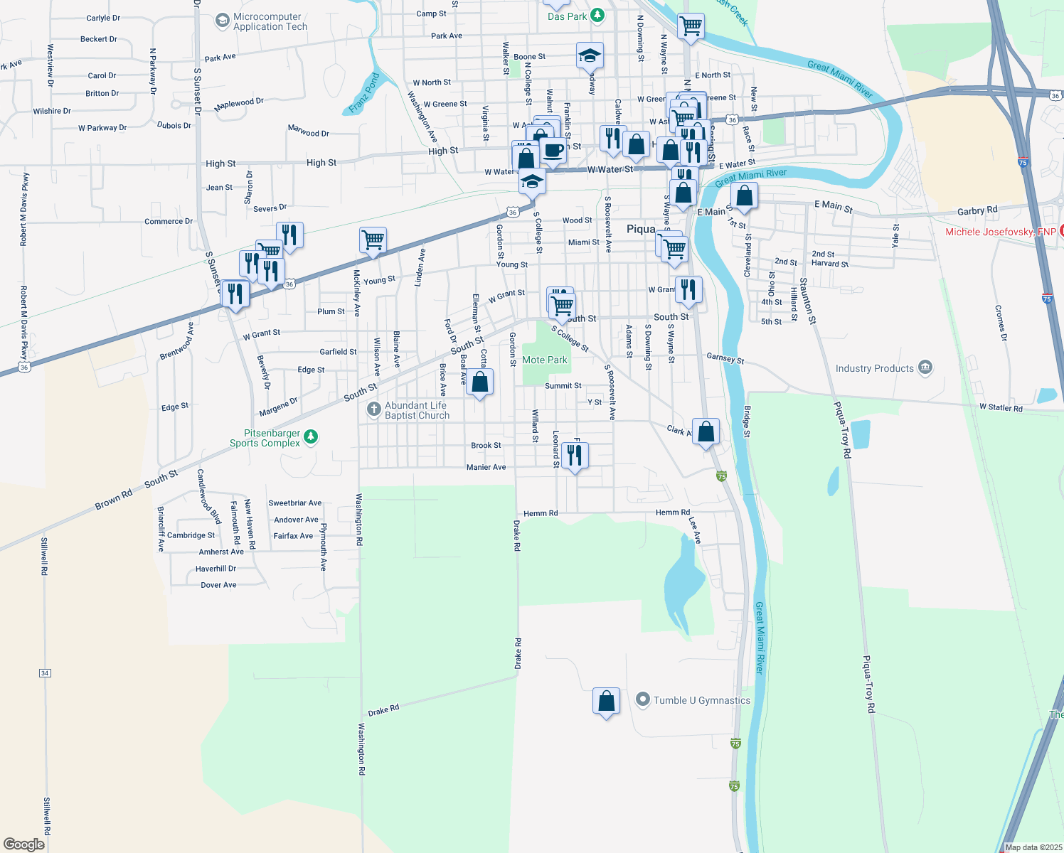 map of restaurants, bars, coffee shops, grocery stores, and more near 901 Clark Avenue in Piqua