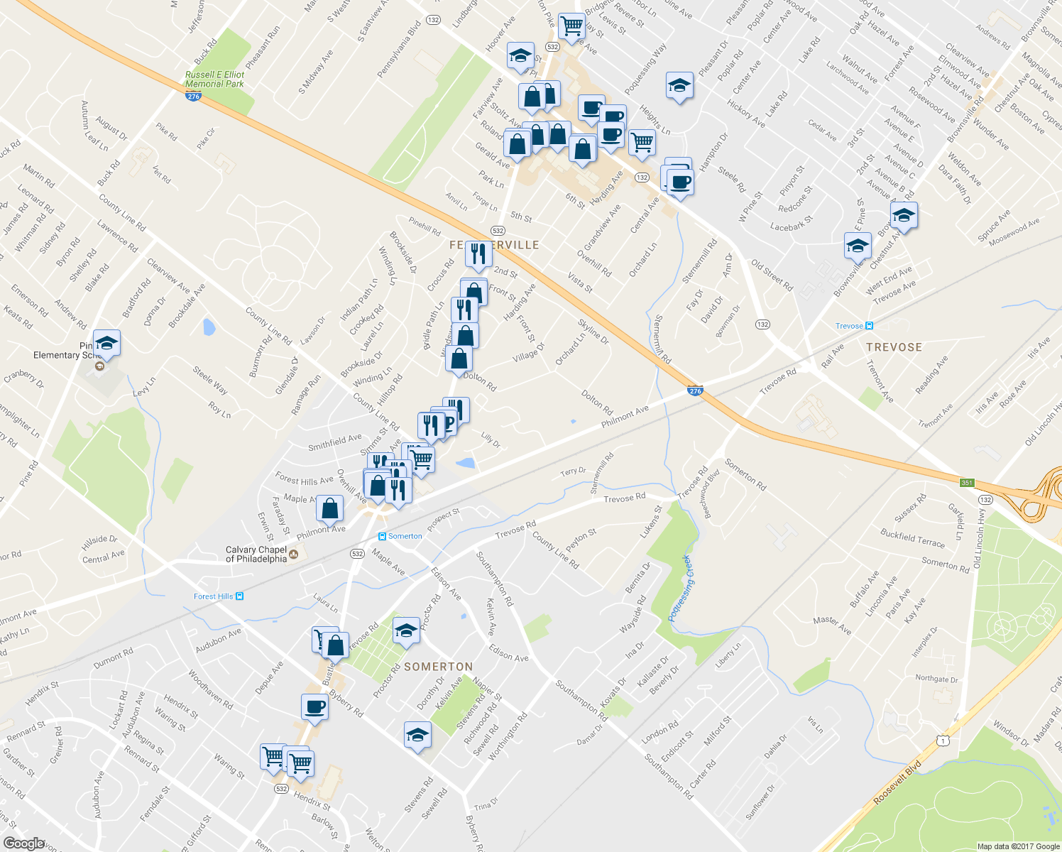 map of restaurants, bars, coffee shops, grocery stores, and more near 10 Dukes Way in Feasterville-Trevose
