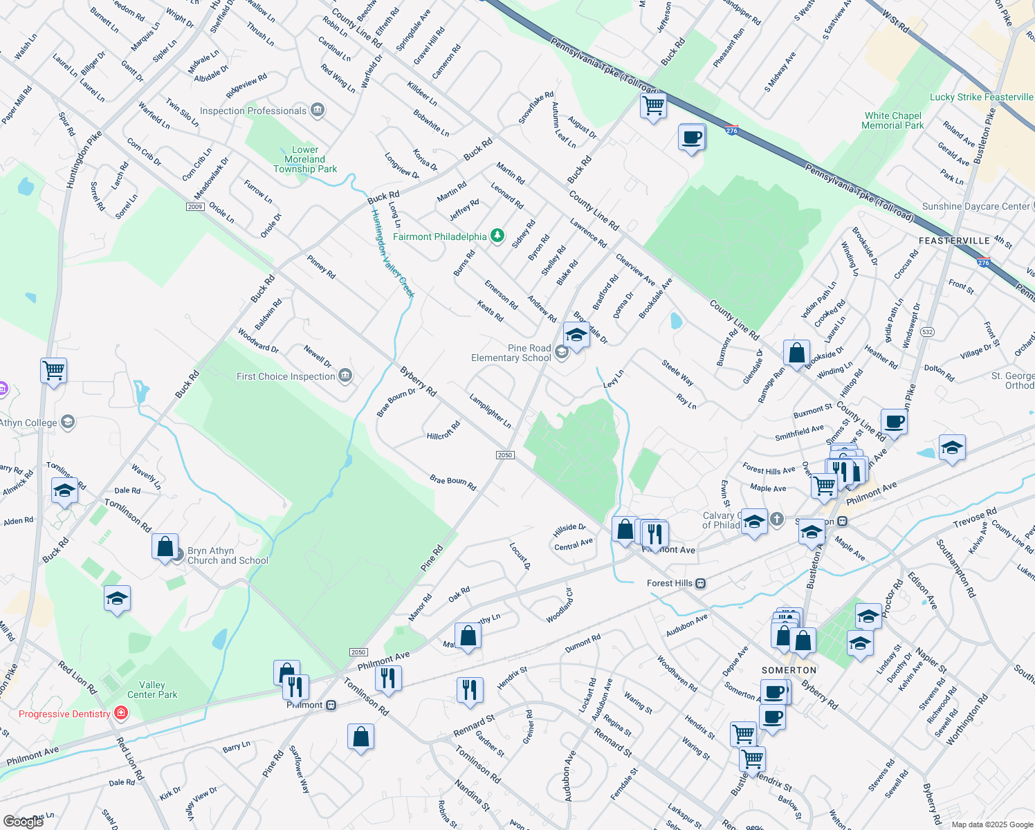 map of restaurants, bars, coffee shops, grocery stores, and more near 232 Coachlight Terrace in Huntingdon Valley