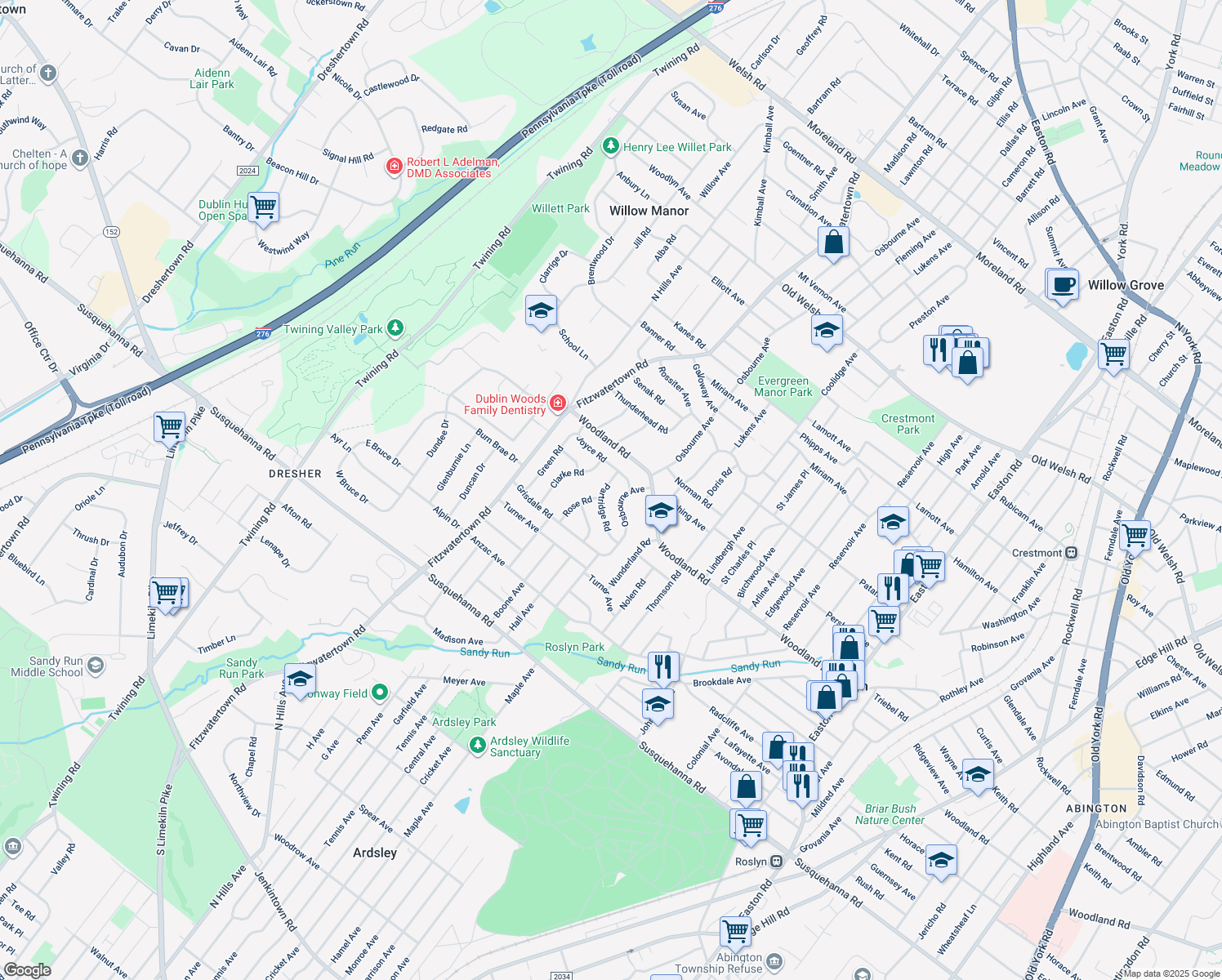 map of restaurants, bars, coffee shops, grocery stores, and more near 1357 Partridge Road in Abington