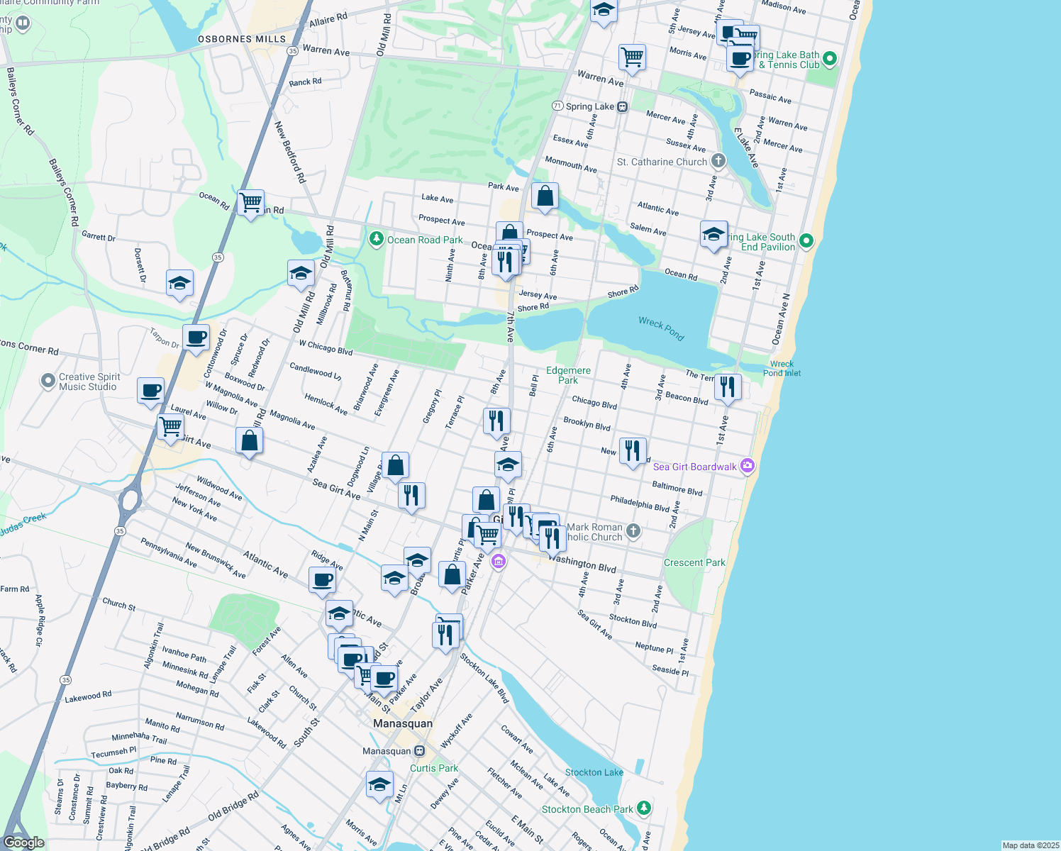 map of restaurants, bars, coffee shops, grocery stores, and more near 304 Bell Place in Sea Girt