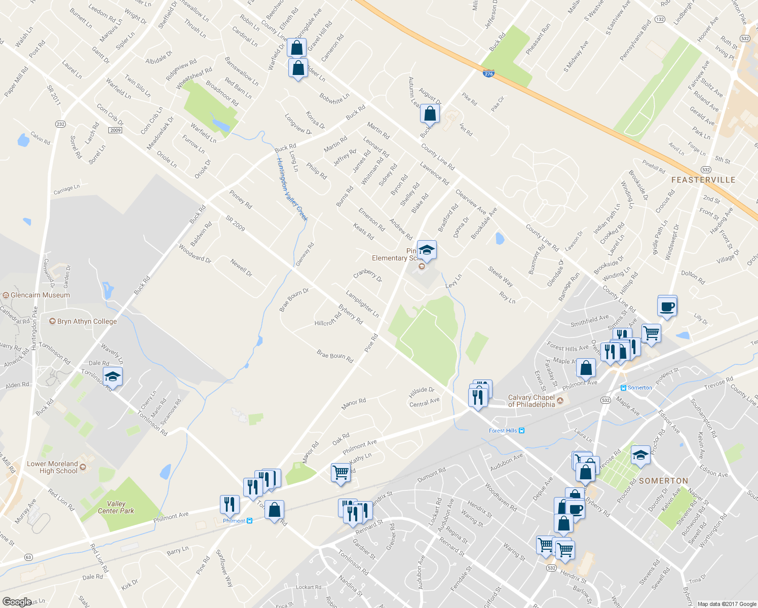 map of restaurants, bars, coffee shops, grocery stores, and more near 244 Coachlight Terrace in Huntingdon Valley