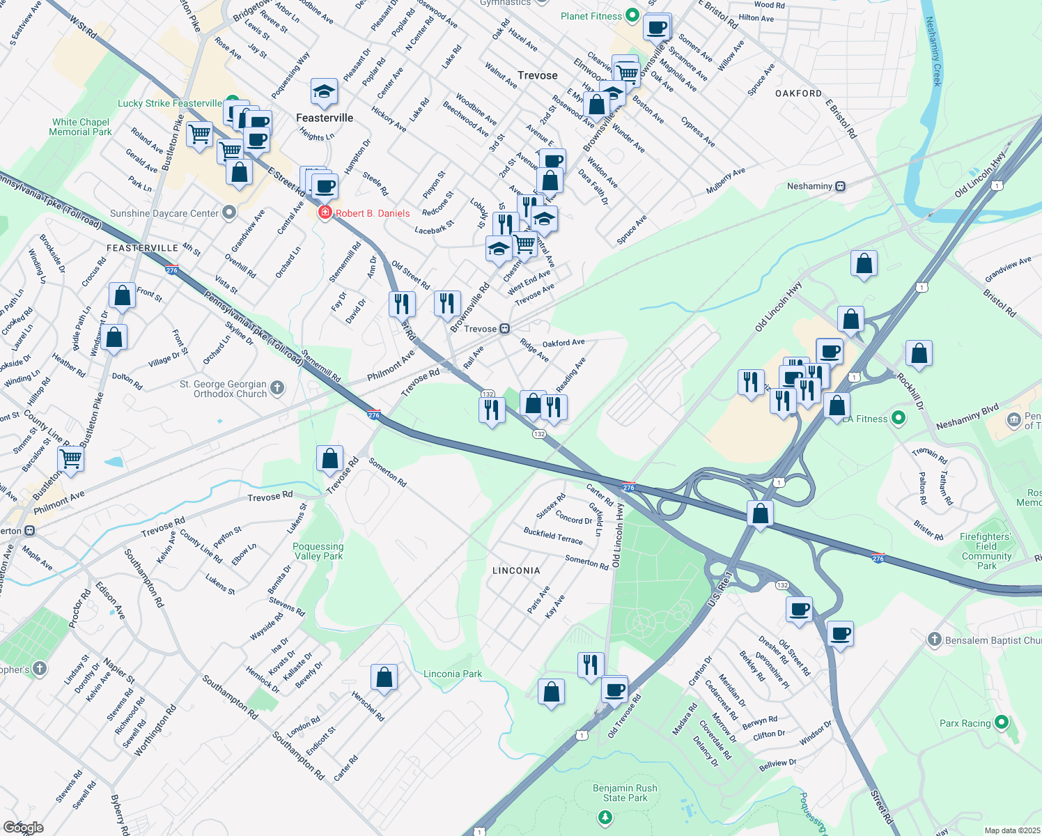map of restaurants, bars, coffee shops, grocery stores, and more near 4671 East Street Road in Feasterville-Trevose