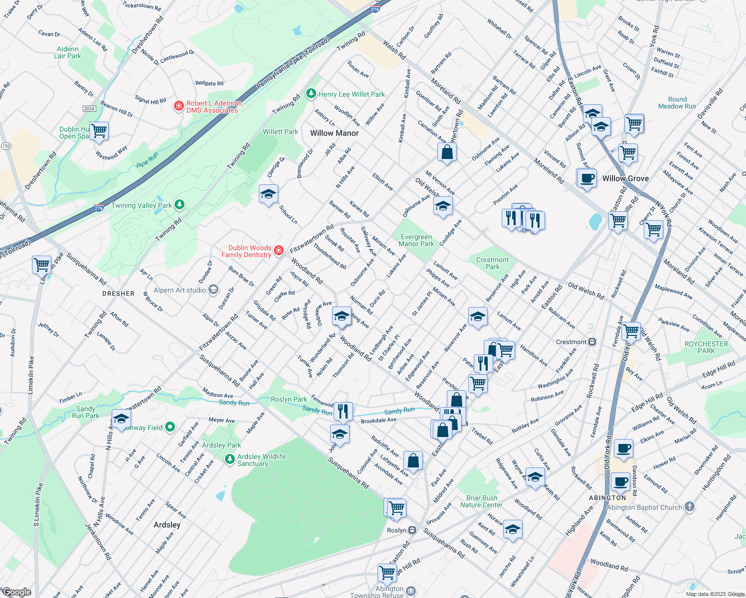 map of restaurants, bars, coffee shops, grocery stores, and more near 1438 Doris Road in Abington