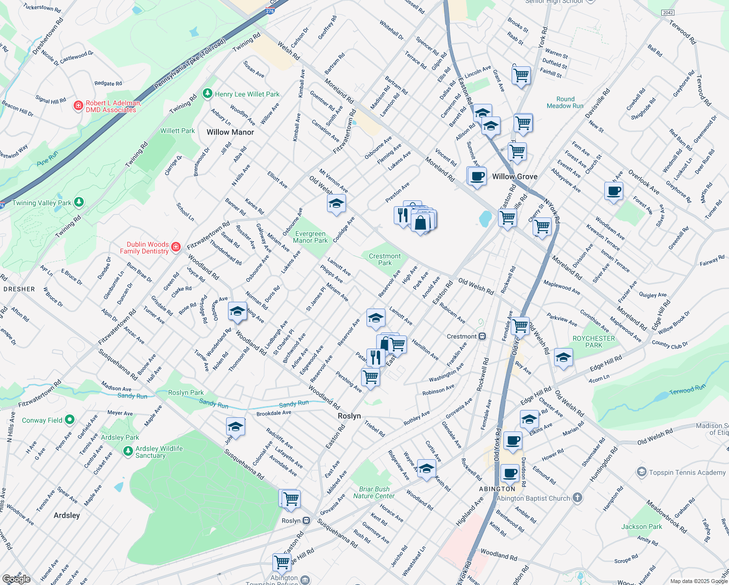 map of restaurants, bars, coffee shops, grocery stores, and more near 2546 Lamott Avenue in Willow Grove