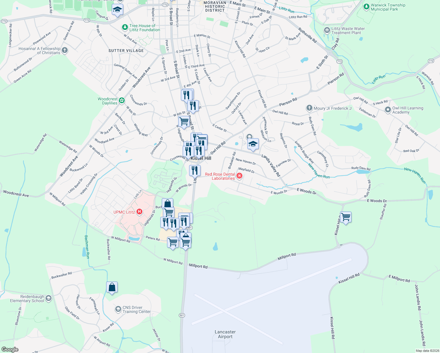 map of restaurants, bars, coffee shops, grocery stores, and more near 24 East Woods Drive in Lititz