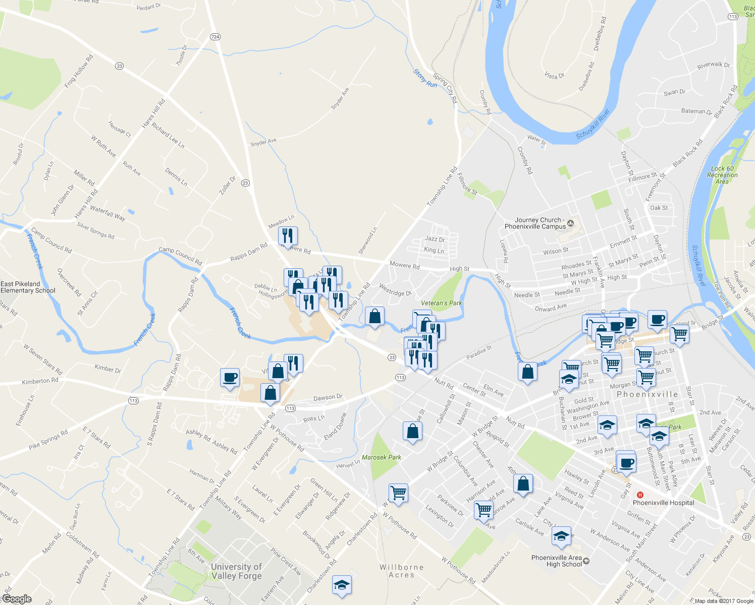 map of restaurants, bars, coffee shops, grocery stores, and more near 124 Westridge Place South in Phoenixville