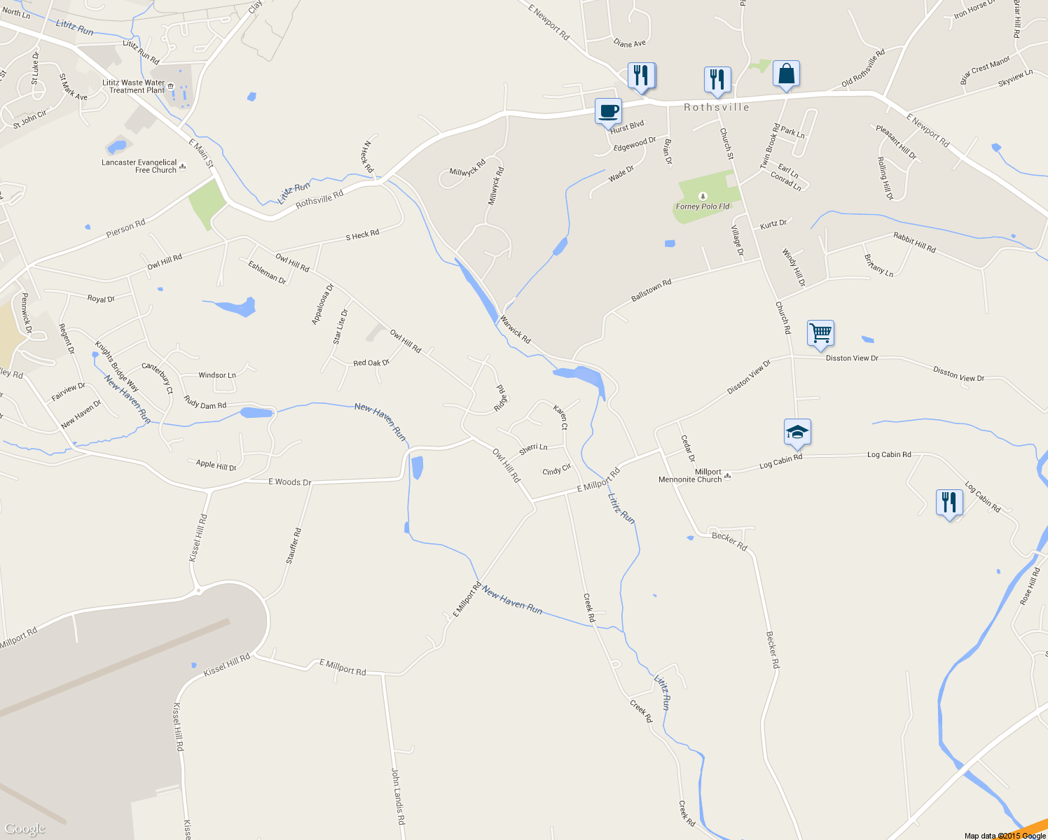 map of restaurants, bars, coffee shops, grocery stores, and more near 52 Karen Court in Lititz