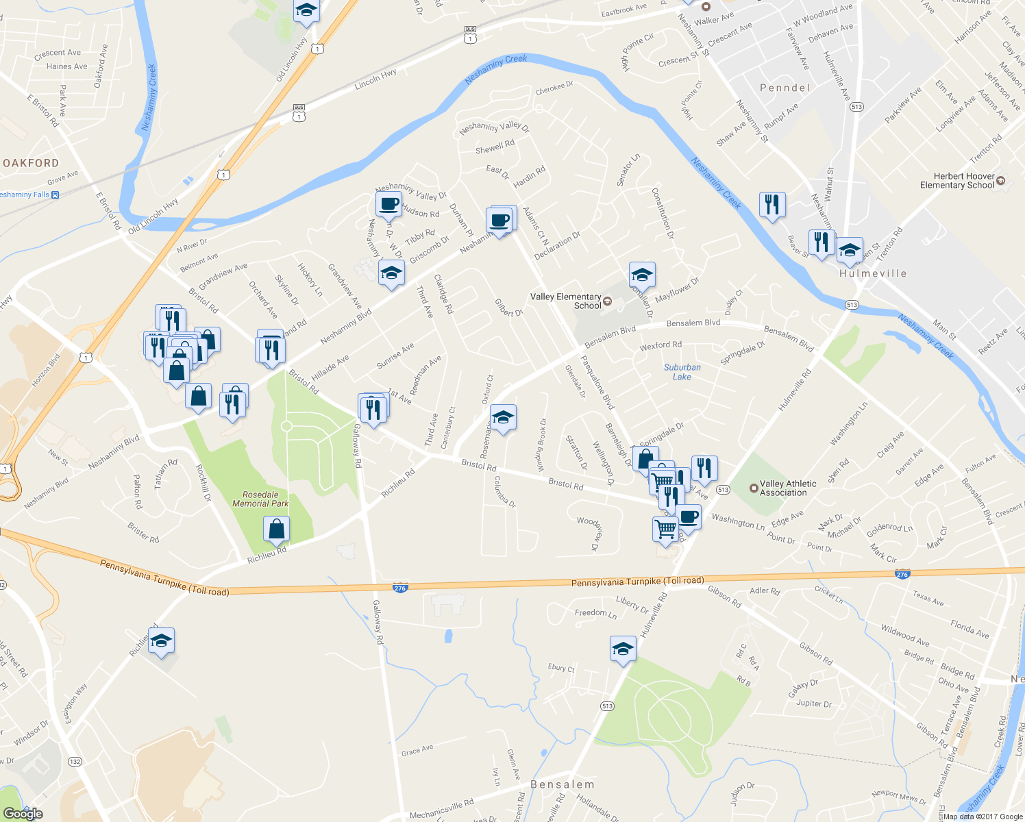 map of restaurants, bars, coffee shops, grocery stores, and more near 3320 Johns Court in Bensalem