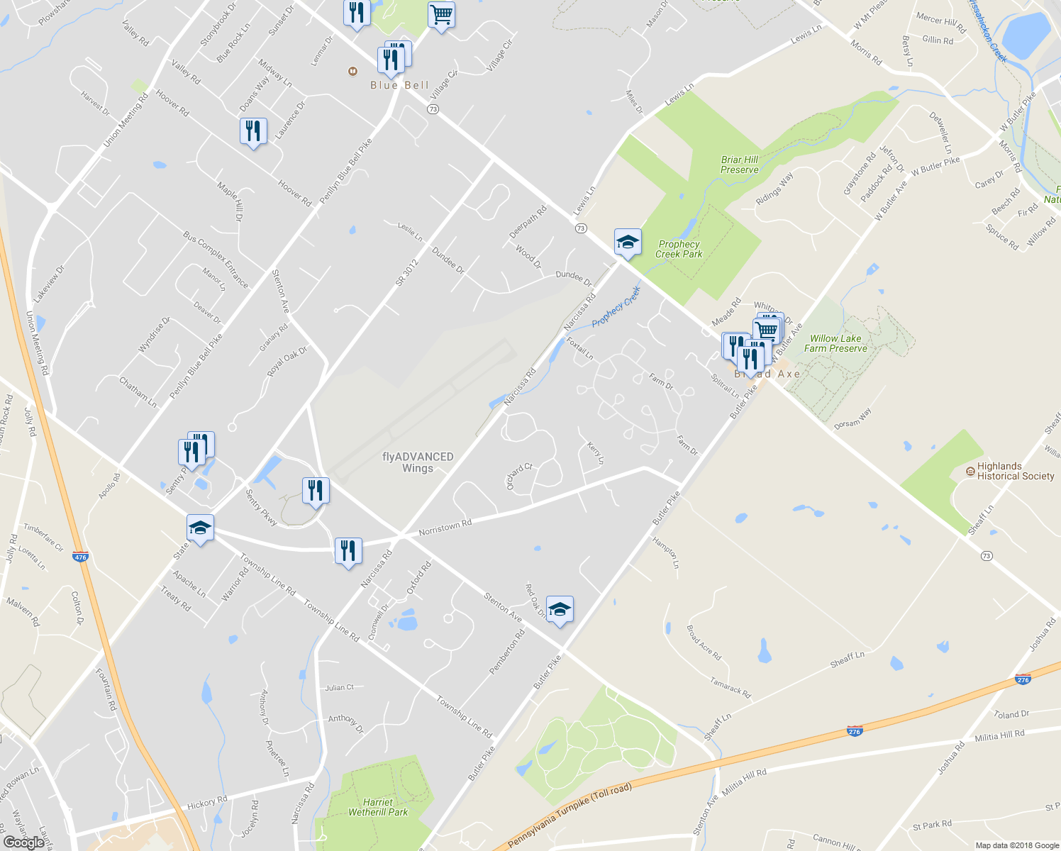 map of restaurants, bars, coffee shops, grocery stores, and more near 278 Copper Beech Drive in Blue Bell