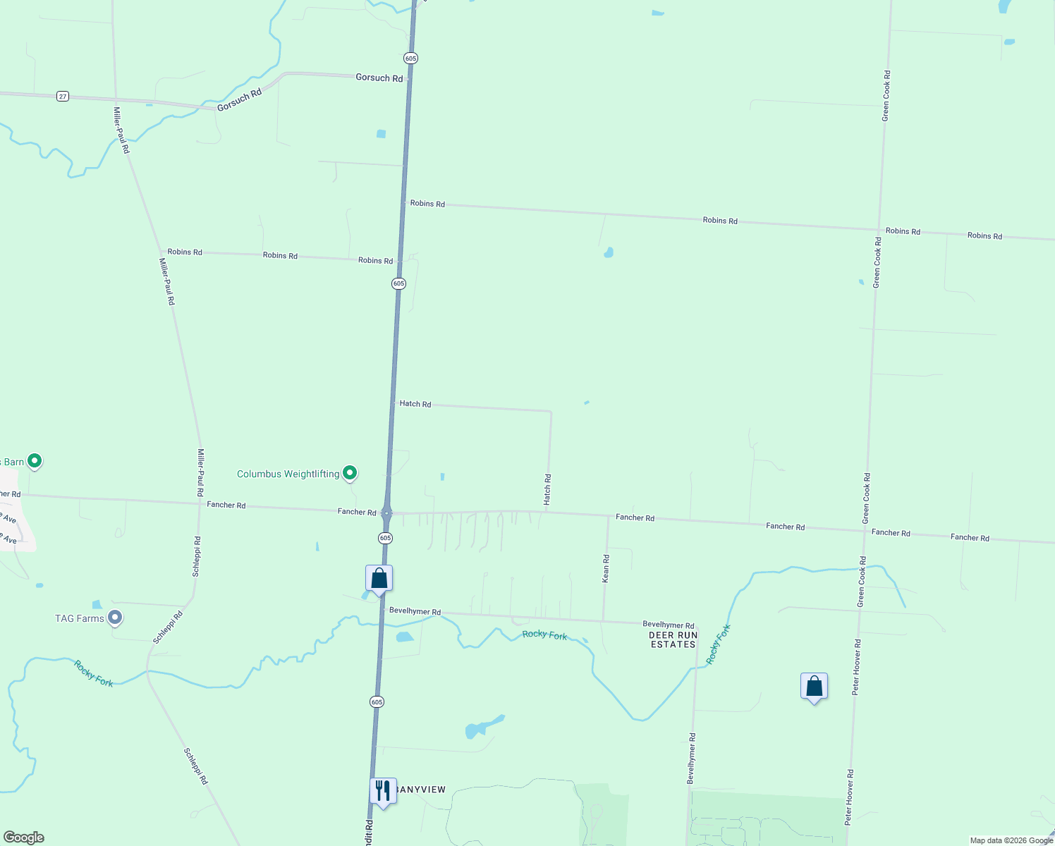map of restaurants, bars, coffee shops, grocery stores, and more near 13000 Hatch Road in Westerville